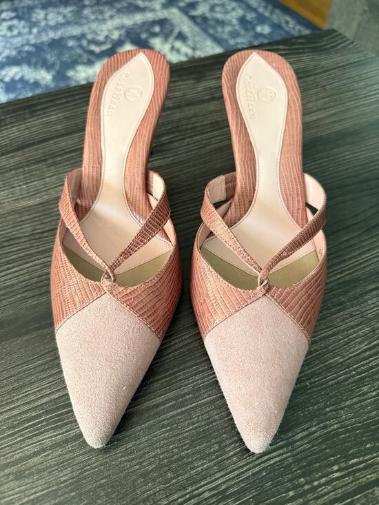 Cole Haan Shoes - Cole Haan Pink Suede & Faux Lizard Embossed Pointed Toe Mule Heels Sz. 7